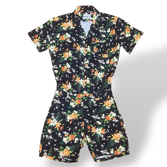 Romper Jack Men's Romper Size S Black Tropical Floral Short Sleeve Beach Wear - Picture 1 of 11